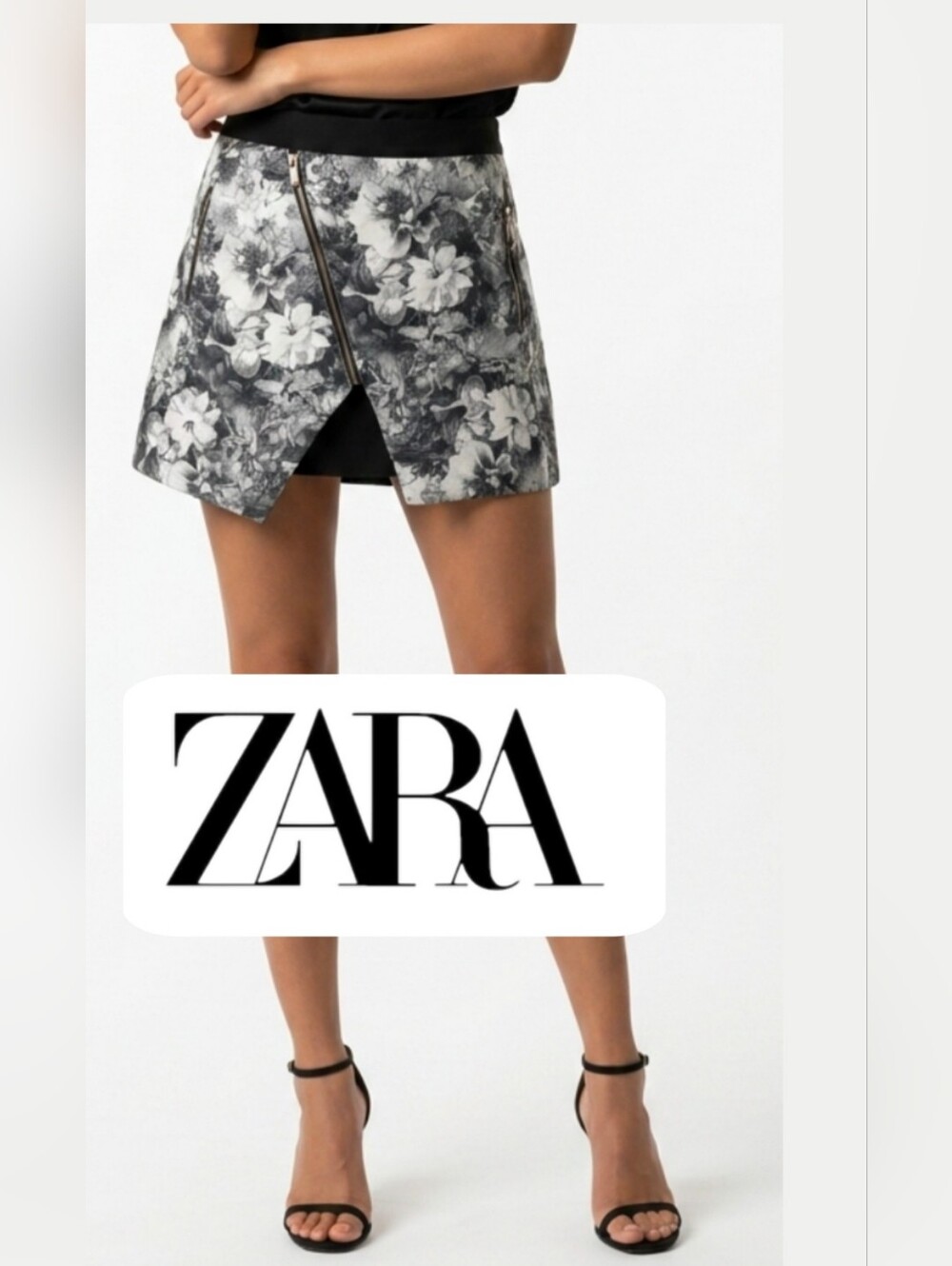 ZARA Black Monochrome Floral Wrap Skirt Skort Shorts. Floral M - Picture 2 of 6